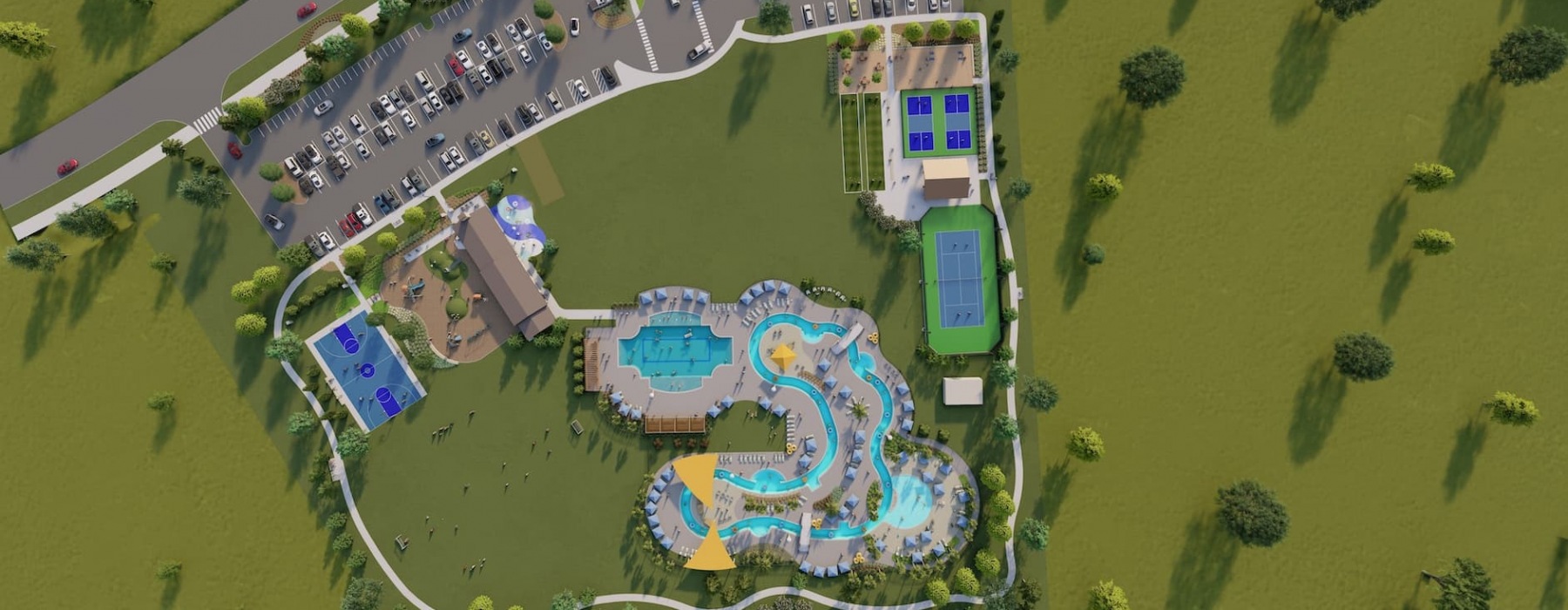 aerial of pool, courtyard and landscaping